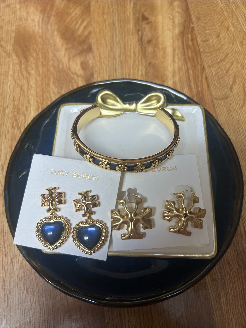 Tory Burch Gold-Tone Bracelet and Navy Enamel Heart Earrings Set